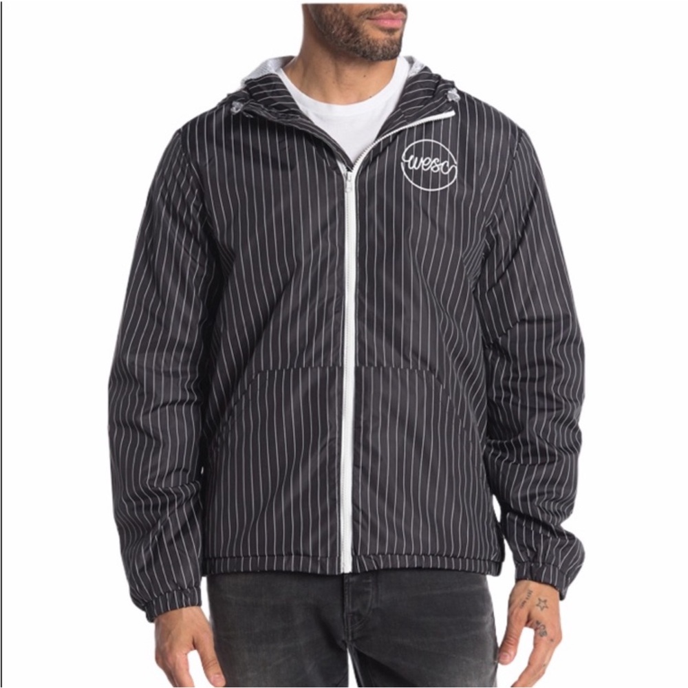 New Wesc Zip Windbreaker Jacket Black White Pinstripe Hood Size Large